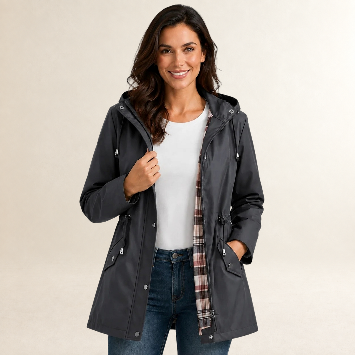 Damen Regenjacke mit Kapuze leichte Passform Reißverschluss mit Knopfleiste und Taillenzug