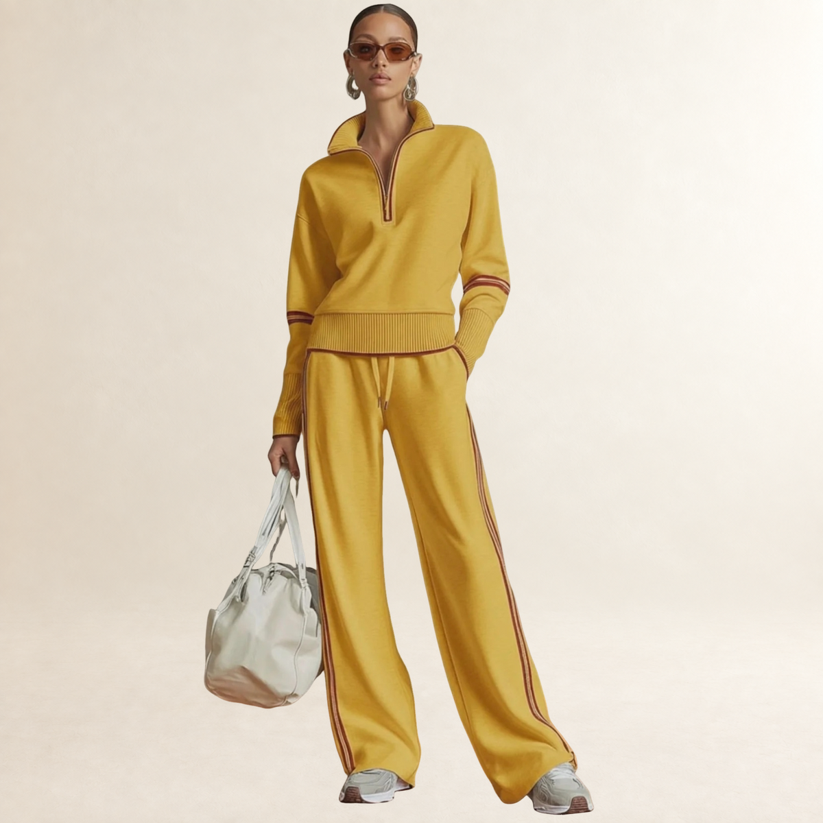 Damen Set aus Half-Zip Sweatshirt und Weite-Hose mit Sportstreifen
