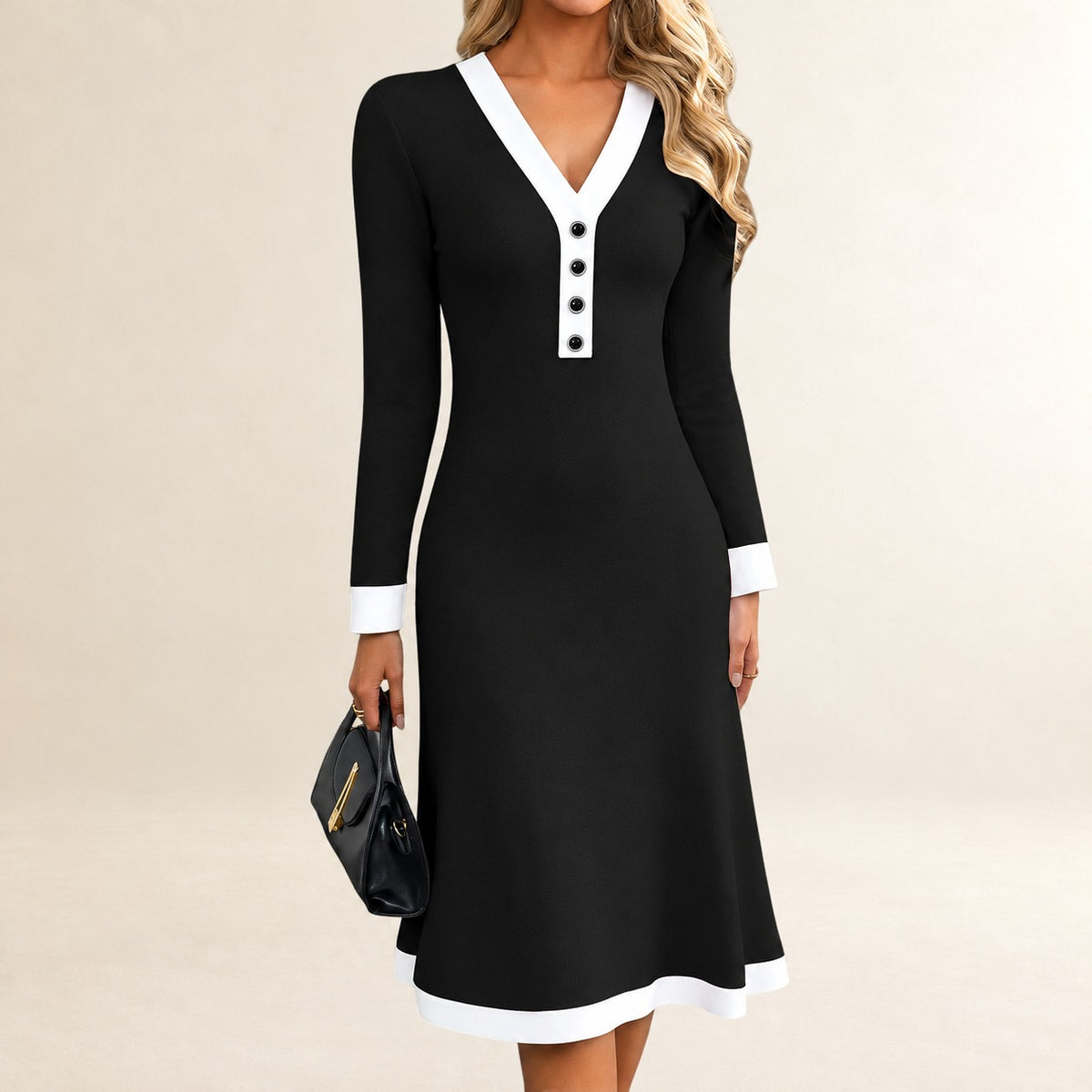 Damen V-Ausschnitt Midi-Kleid mit Knopfleiste und Kontrastpaspeln, Taschen