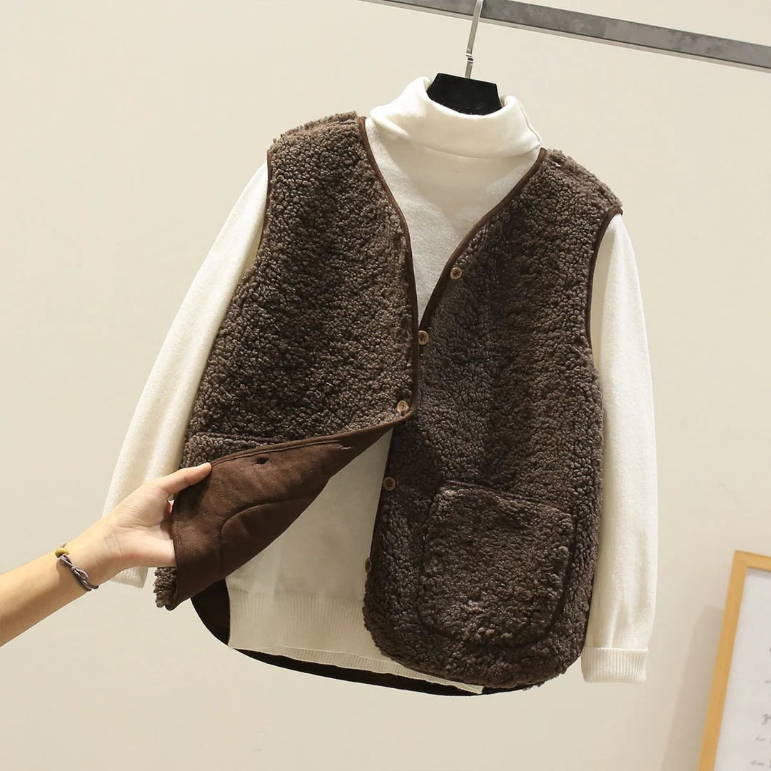 Damen-Weste mit Knopfleiste Rundhalsausschnitt, ärmellos, Patchtaschen, lockere Passform