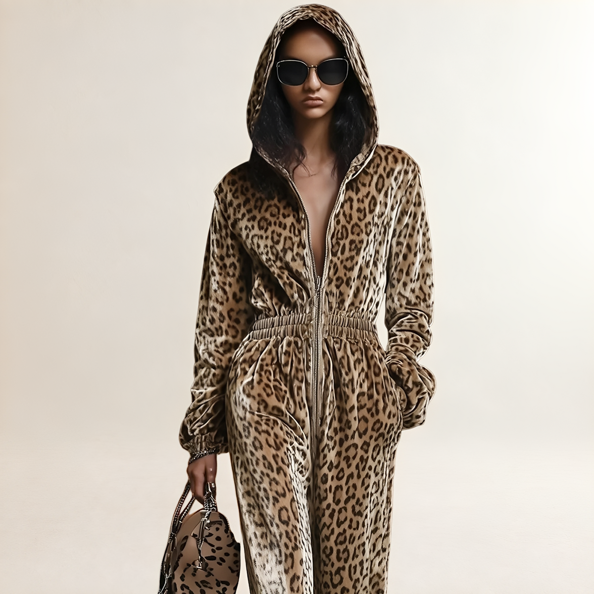 Damentragetee mit Leopardenmuster Kapuzenjacke mit Reißverschluss und lockerer Passform