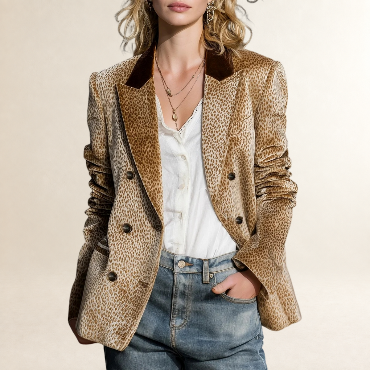 Damentrikot Blazer mit Leo-Muster Doppelknopfverschluss und Kontrastkragen