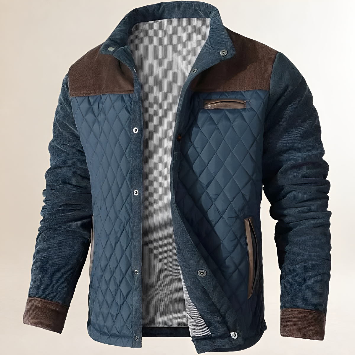 Dapper Jacket für Herren – Stehkragen mit Knopfverschluss, Diamond-Quitling Front/Back, Chest Zip & Frontpockets, Regular Fit