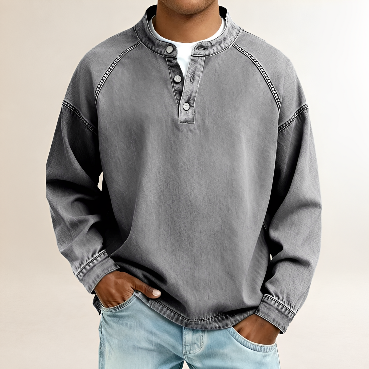 Henley-Hemd Herren mit Bandkragen, Raglanärmeln, lockerer Schnitt, Vintage-Washed