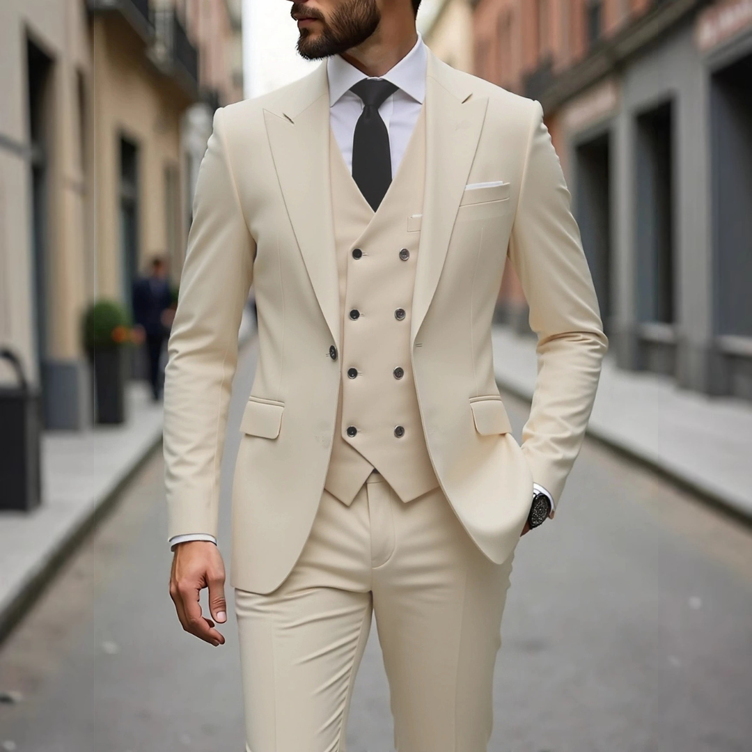 Herren Anzug Dreiteilig mit Weste - Slim-Fit Zweiknopf-Jacke, Revers mit Notch, Hip-Pockets, Faltehose