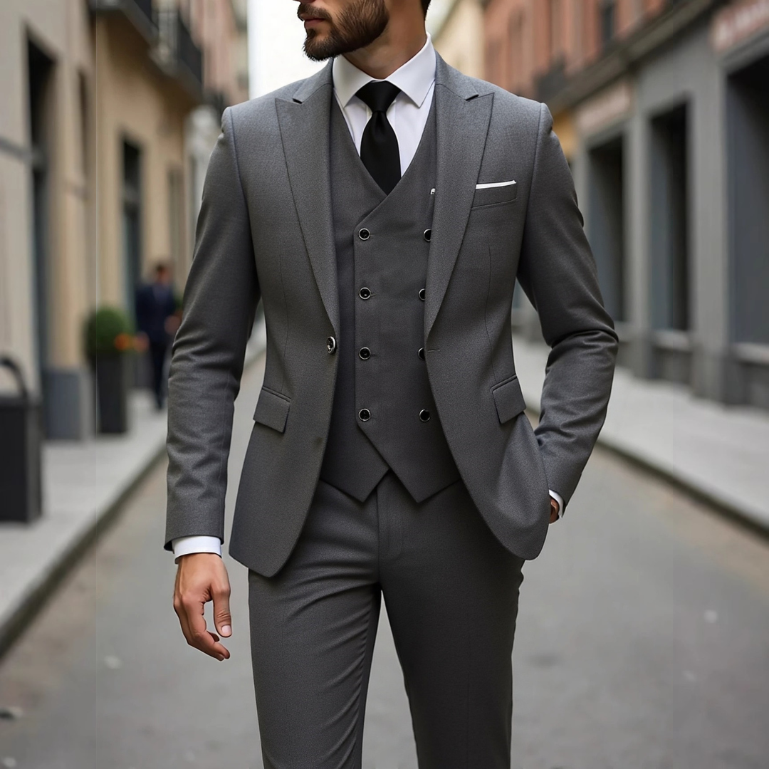 Herren Anzug Dreiteilig mit Weste - Slim-Fit Zweiknopf-Jacke, Revers mit Notch, Hip-Pockets, Faltehose