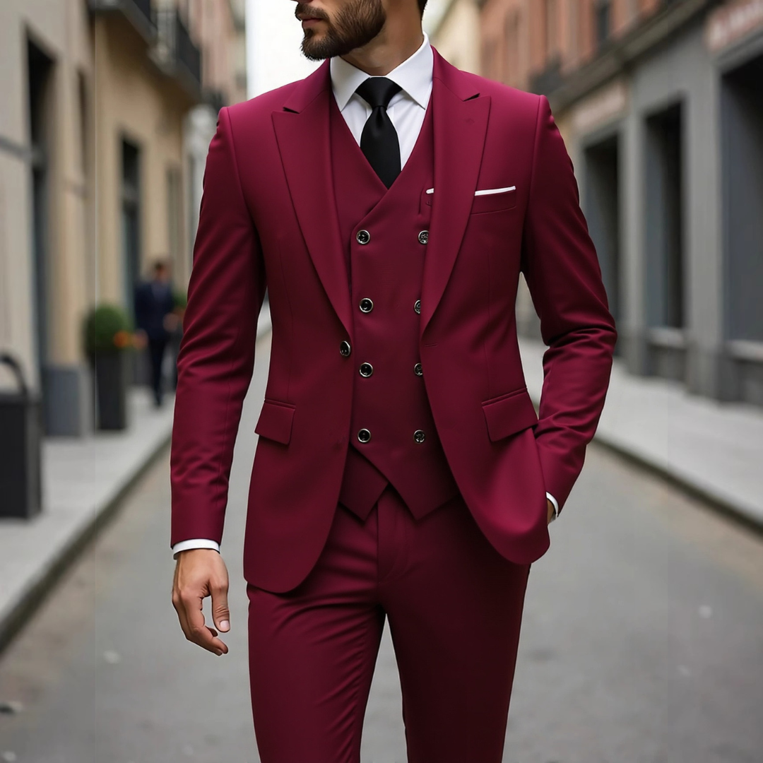 Herren Anzug Dreiteilig mit Weste - Slim-Fit Zweiknopf-Jacke, Revers mit Notch, Hip-Pockets, Faltehose