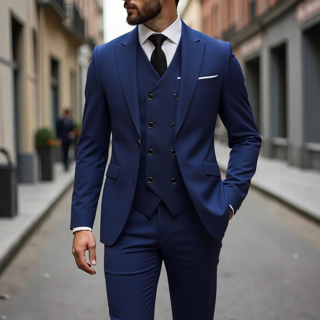 Herren Anzug Dreiteilig mit Weste - Slim-Fit Zweiknopf-Jacke, Revers mit Notch, Hip-Pockets, Faltehose