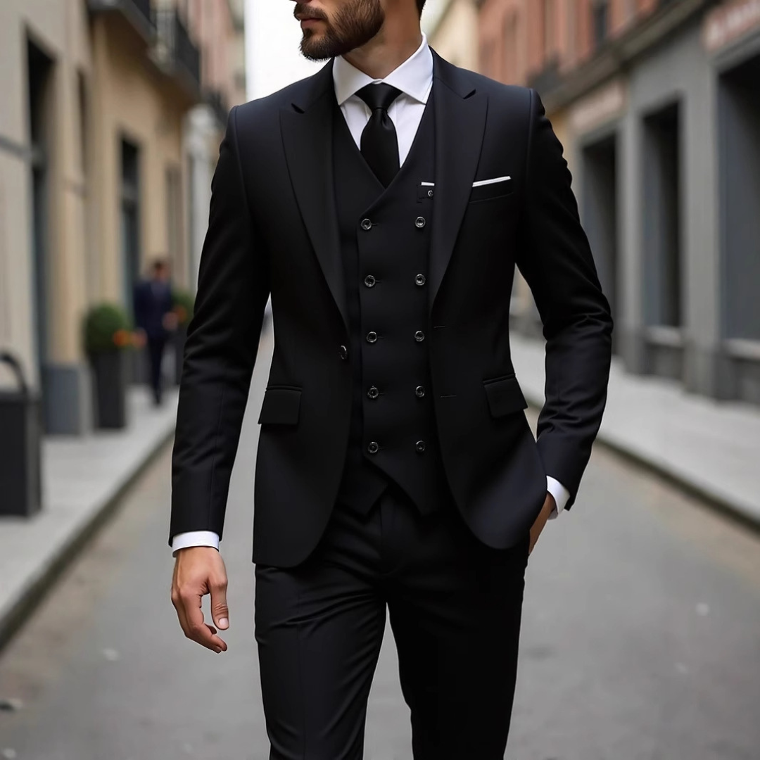 Herren Anzug Dreiteilig mit Weste - Slim-Fit Zweiknopf-Jacke, Revers mit Notch, Hip-Pockets, Faltehose