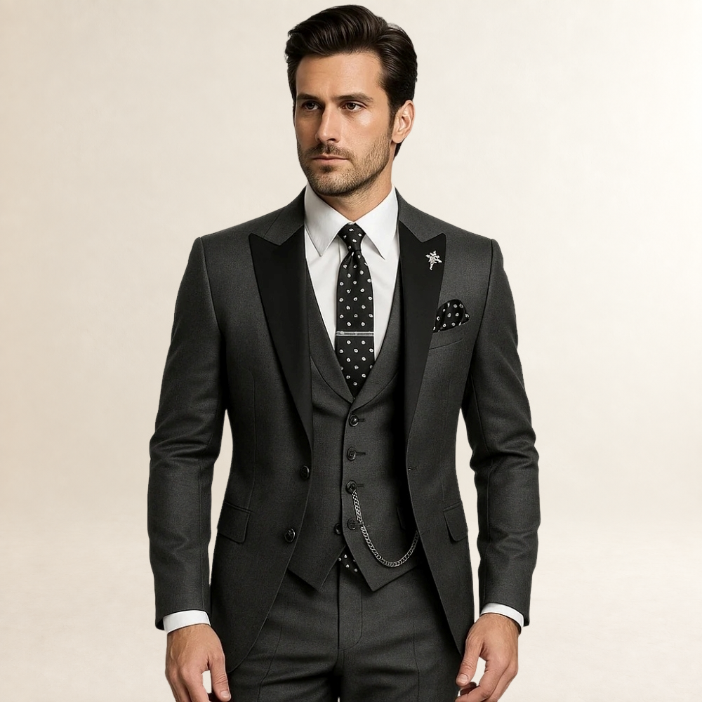 Herren Anzug Dreiteilig Slim Fit mit Spitzrevers und Weste
