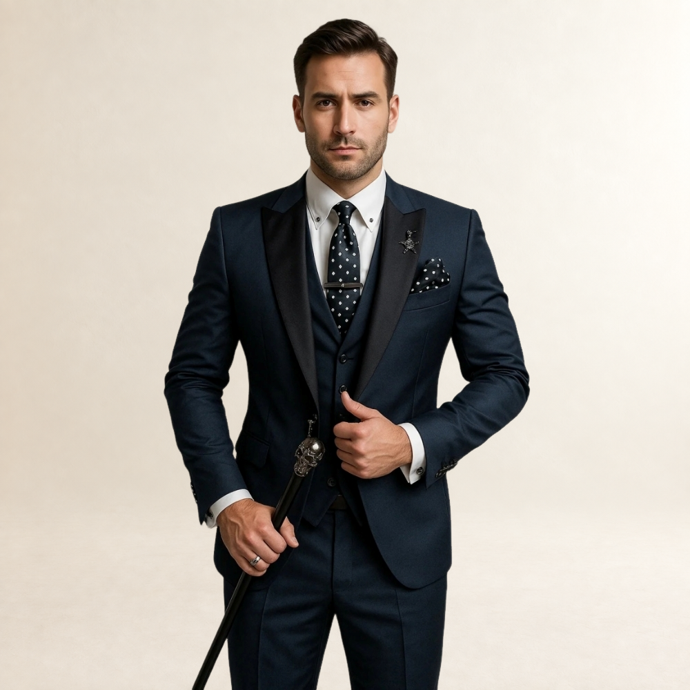Herren Anzug Dreiteilig Slim Fit mit Spitzrevers und Weste