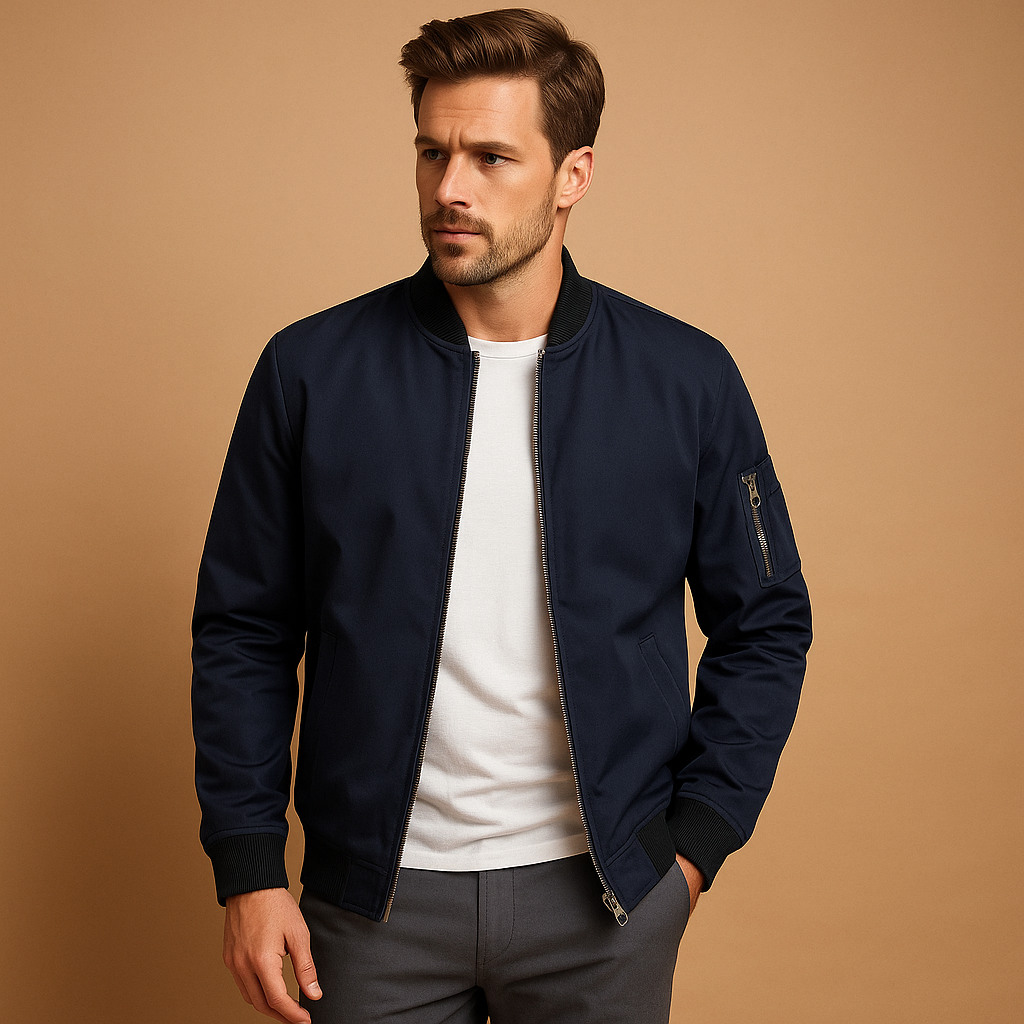 Herren Bomberjacke Mit Reißverschluss, Rippbündchen und Innentasche