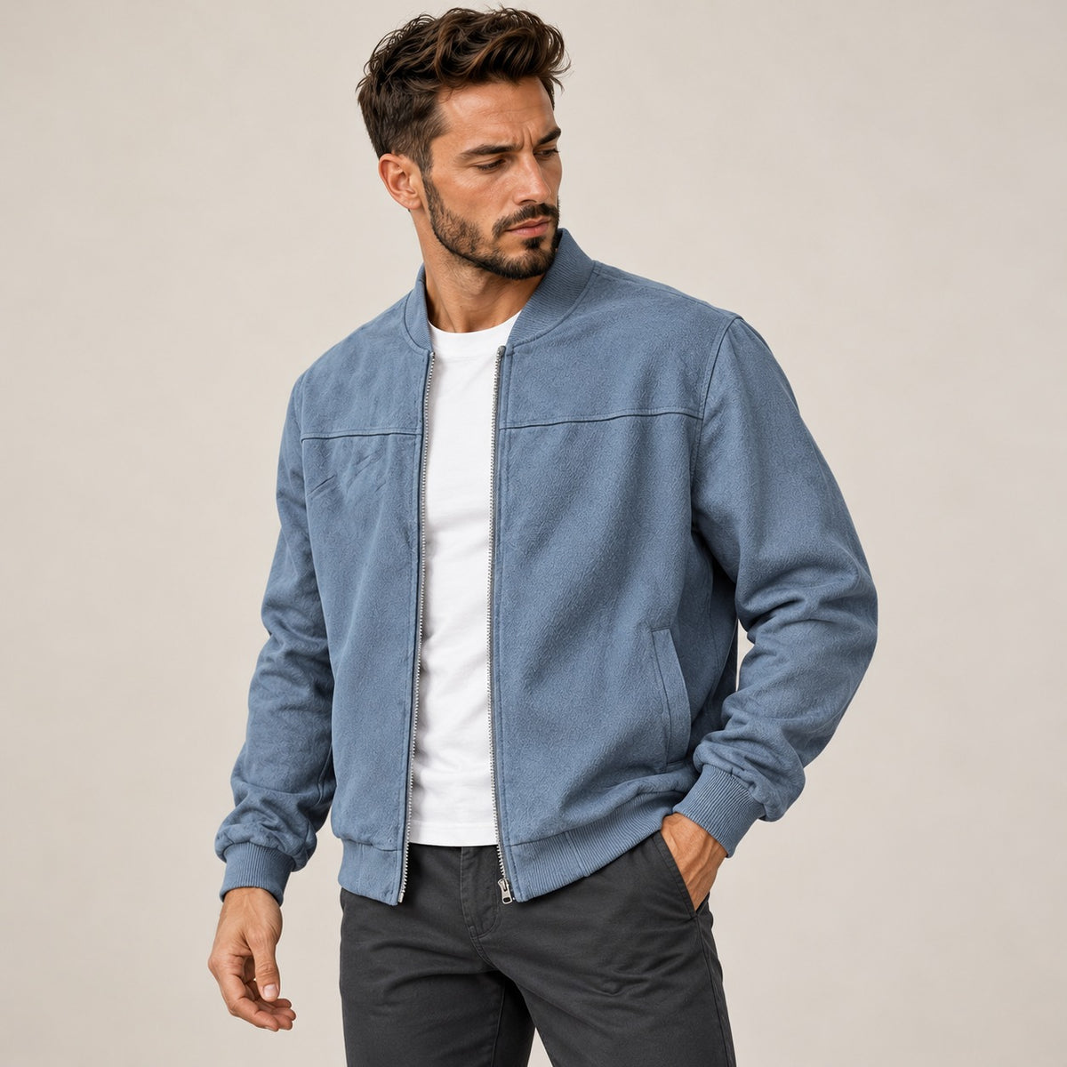 Herren Bomberjacke Zipverschluss Slim Fit Rippkragen und Bündchen