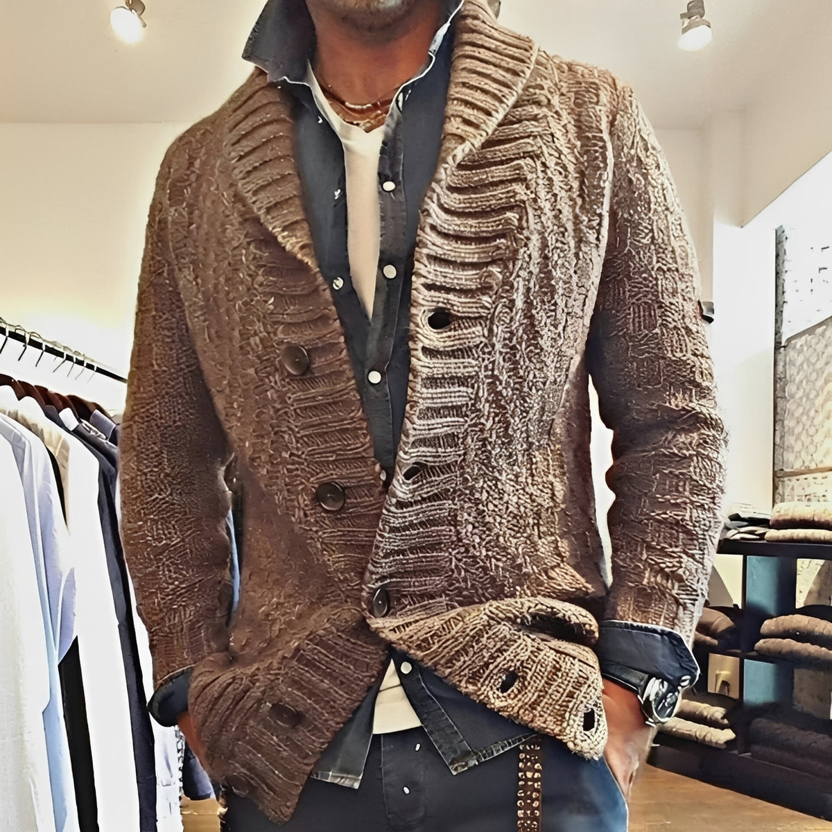 Herren Cardigan Jacke mit Shawl-Kragen - Knopfverschluss, Relaxed Fit