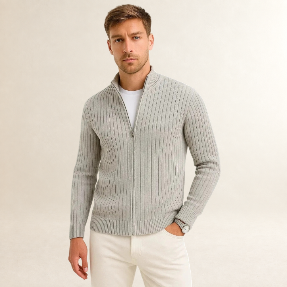 Herren Cardigan mit Reißverschluss - Fitted Schnitt, hoher Kragen, lange Ärmel, Rippstruktur