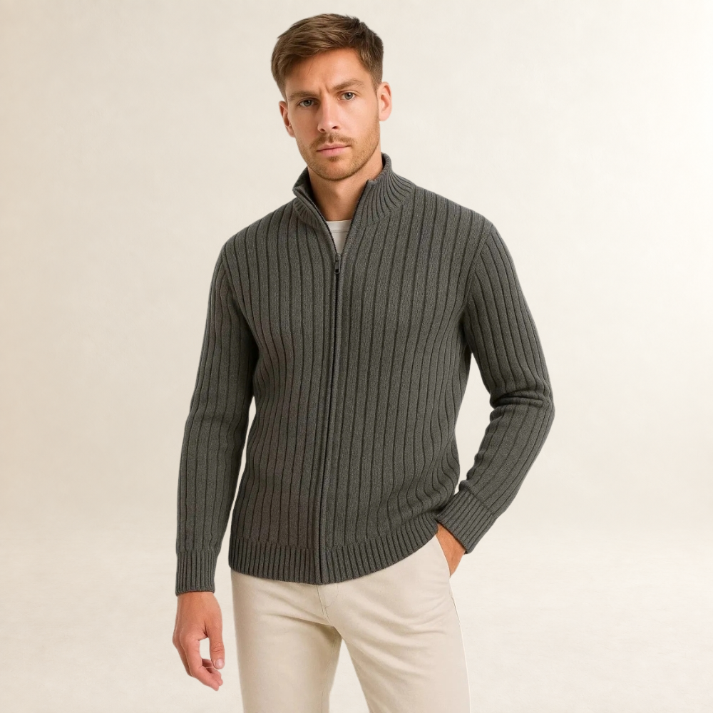Herren Cardigan mit Reißverschluss - Fitted Schnitt, hoher Kragen, lange Ärmel, Rippstruktur