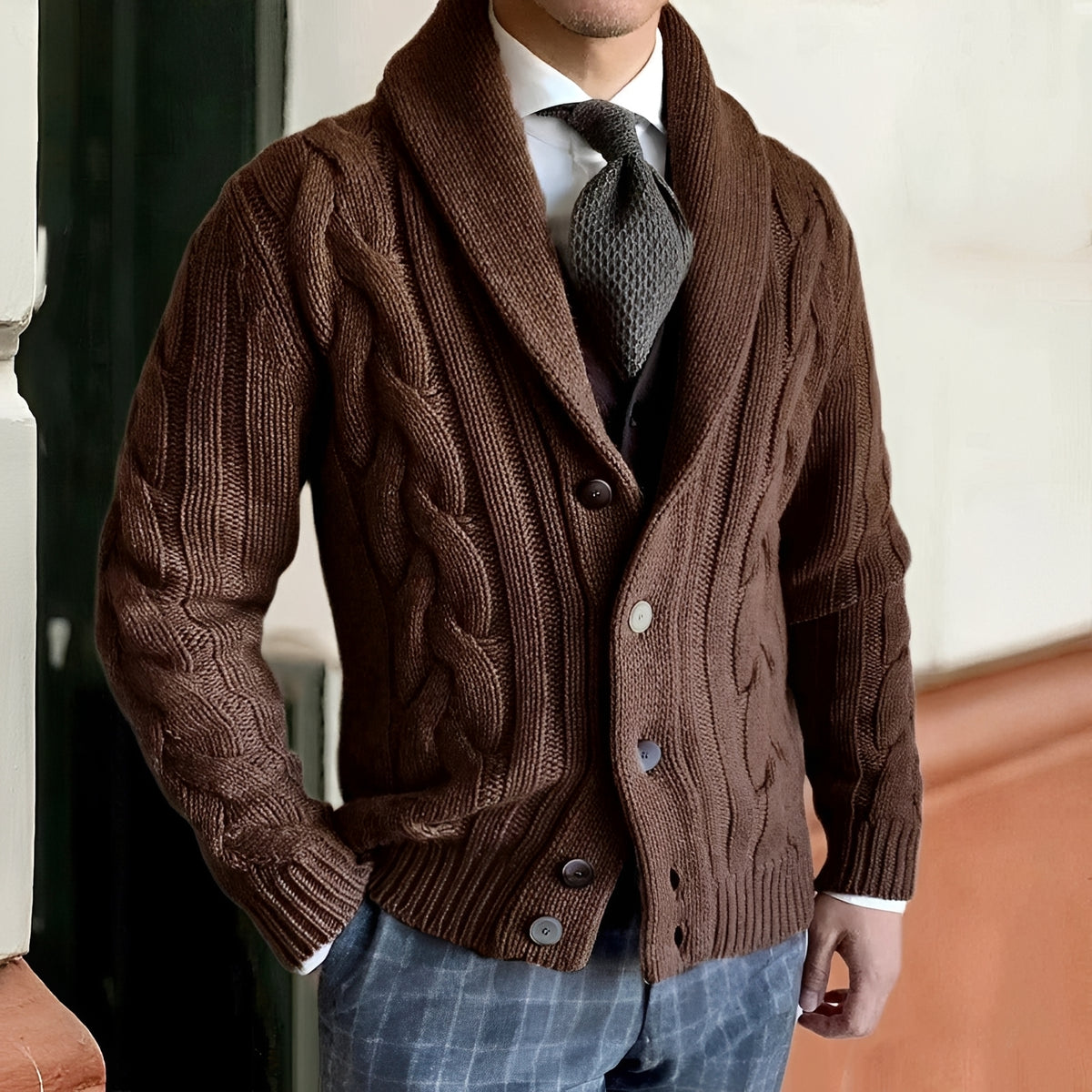 Herren Cardigan mit Shawl-Kragen - Knopfverschluss, Langarm, lockerer Schnitt
