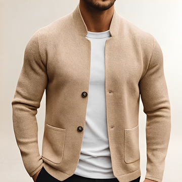 Herren Cardigan mit Stehkragen, Zwei-Knopf-Verschluss, Patch-Pockets, Strukturierte Oberfläche, Regularer Schnitt