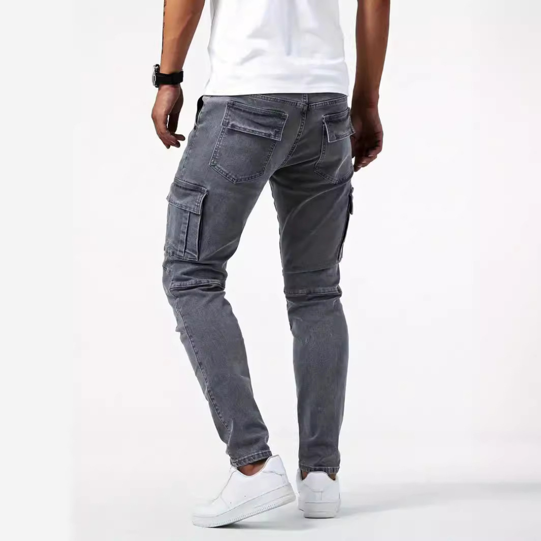 Herren Cargo Jeans Slim-Tapered mit Thigh-Flap Taschen – Knie-Paneele, Elastizität, Mid-Rise