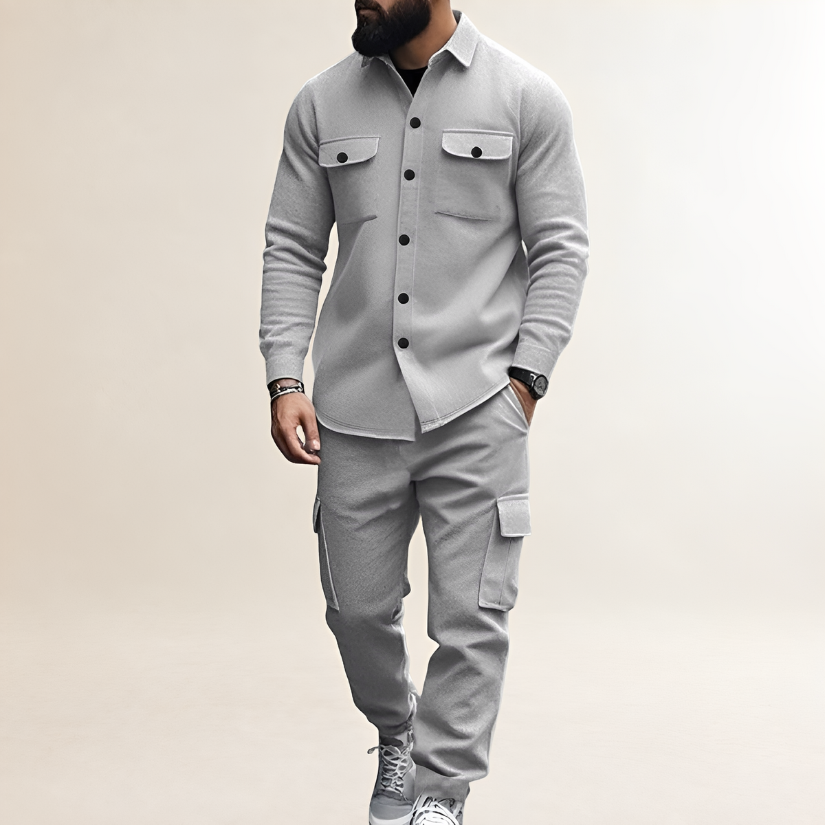 Herren Cargo Set mit Knopfverschluss Oberteil mit Brusttaschen und elastischer Bundhose