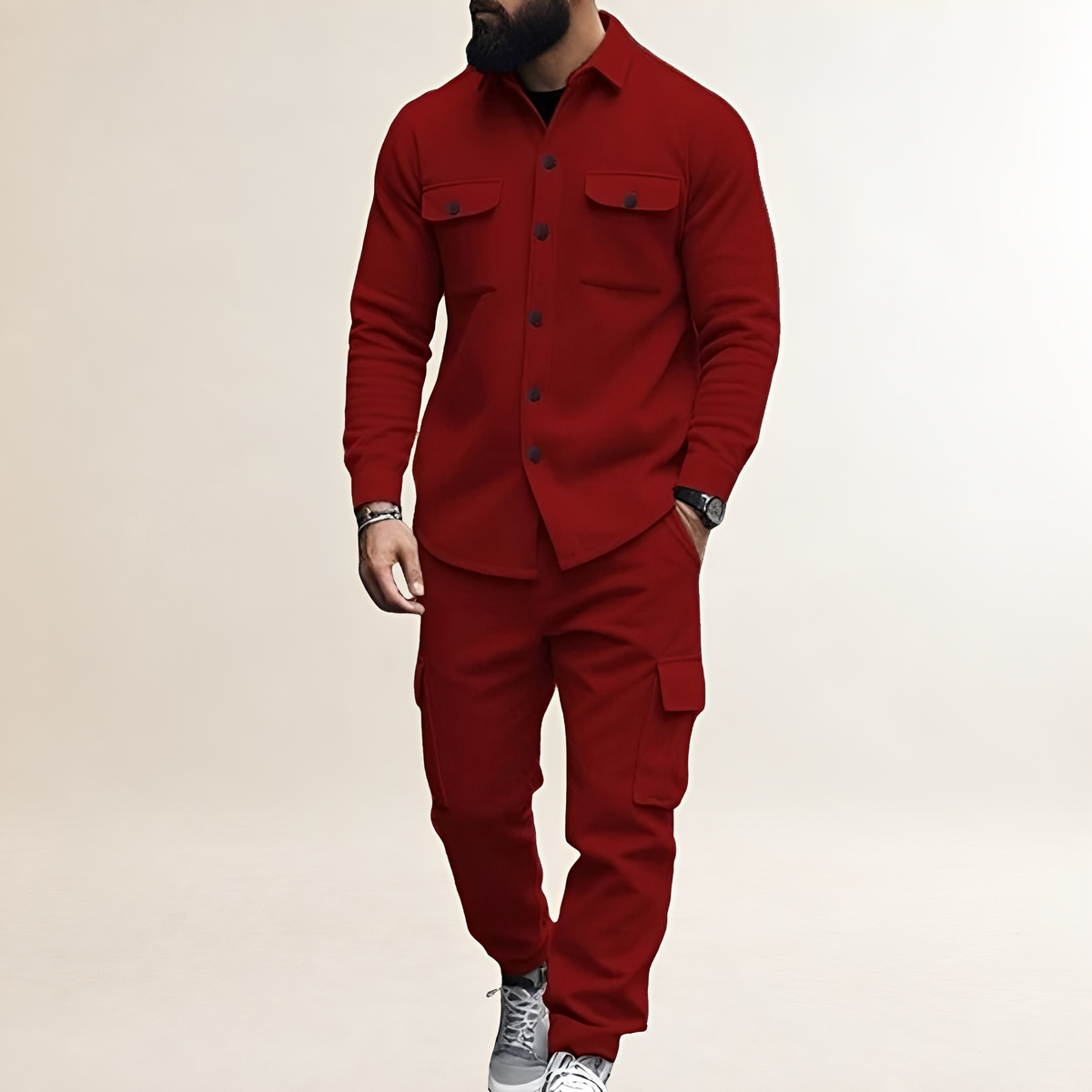Herren Cargo Set mit Knopfverschluss Oberteil mit Brusttaschen und elastischer Bundhose