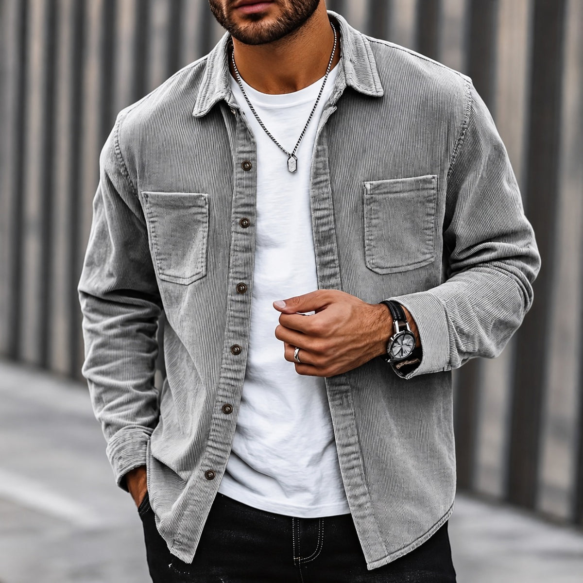 Herren Cordjacke Mit Knopfleiste, Klassischem Kragen und Zwei Brusttaschen