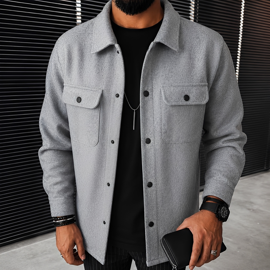 Herren Freizeitjacke Mit Knöpfen und Taschen Relaxed Fit