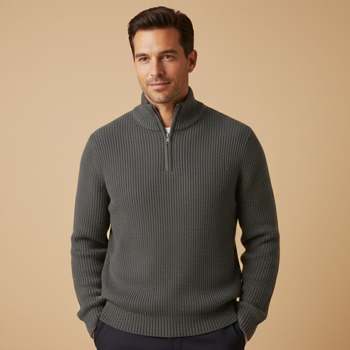 Herren Half Zip Pullover - Rippstruktur, lockerer Schnitt