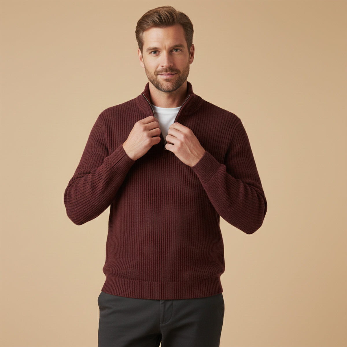 Herren Half Zip Pullover - Rippstruktur, lockerer Schnitt