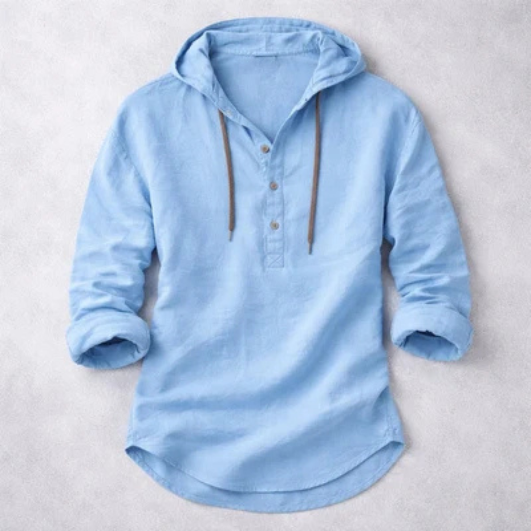 Herren Hoodie-Henley-Shirt mit Kapuze und Kordelzug - 3-Knopf Henley Ausschnitt, Langarm, Lockerer Schnitt