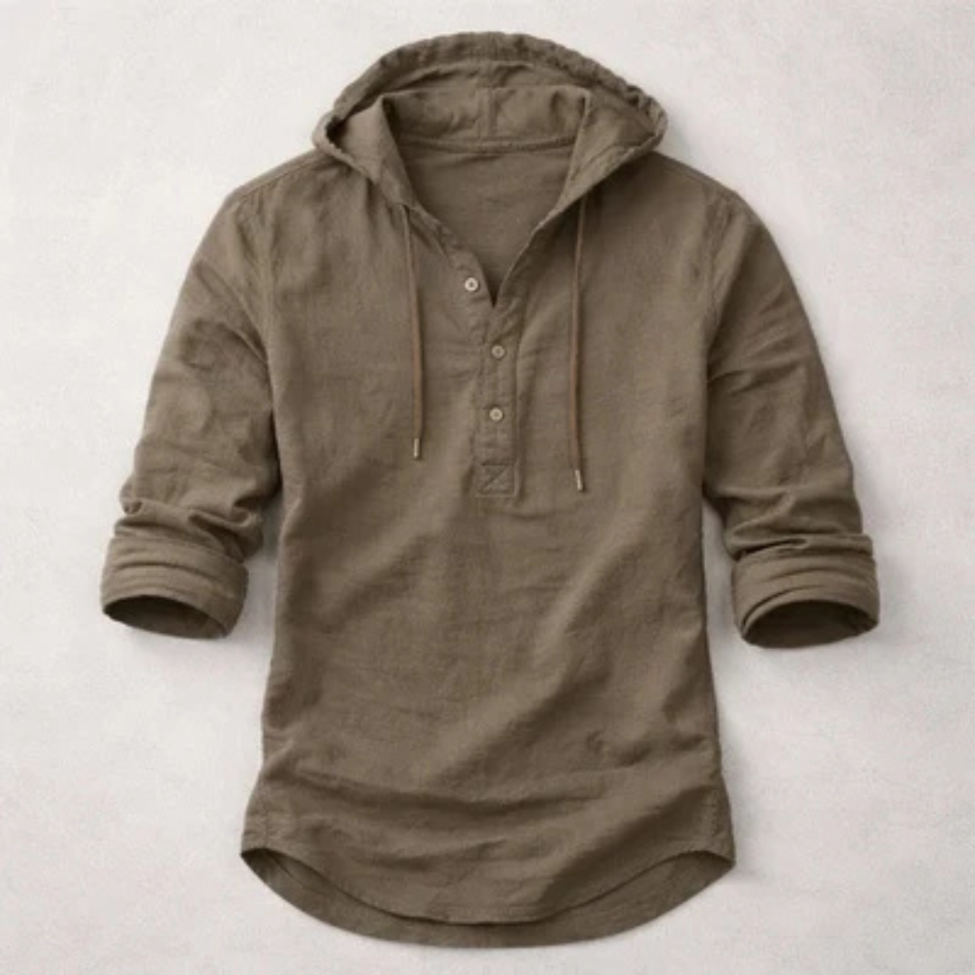 Herren Hoodie-Henley-Shirt mit Kapuze und Kordelzug - 3-Knopf Henley Ausschnitt, Langarm, Lockerer Schnitt