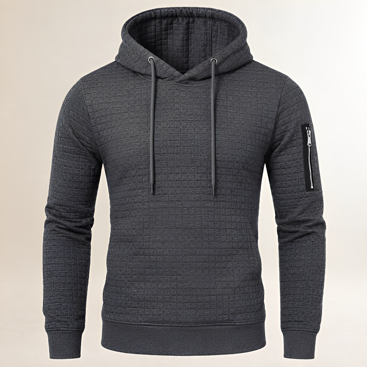 Herren Hoodie Slim-Fit mit Quadrat-Steppung – Kapuze mit Kordel, Ärmel-Reißverschlussfach, Kangarou-Tasche