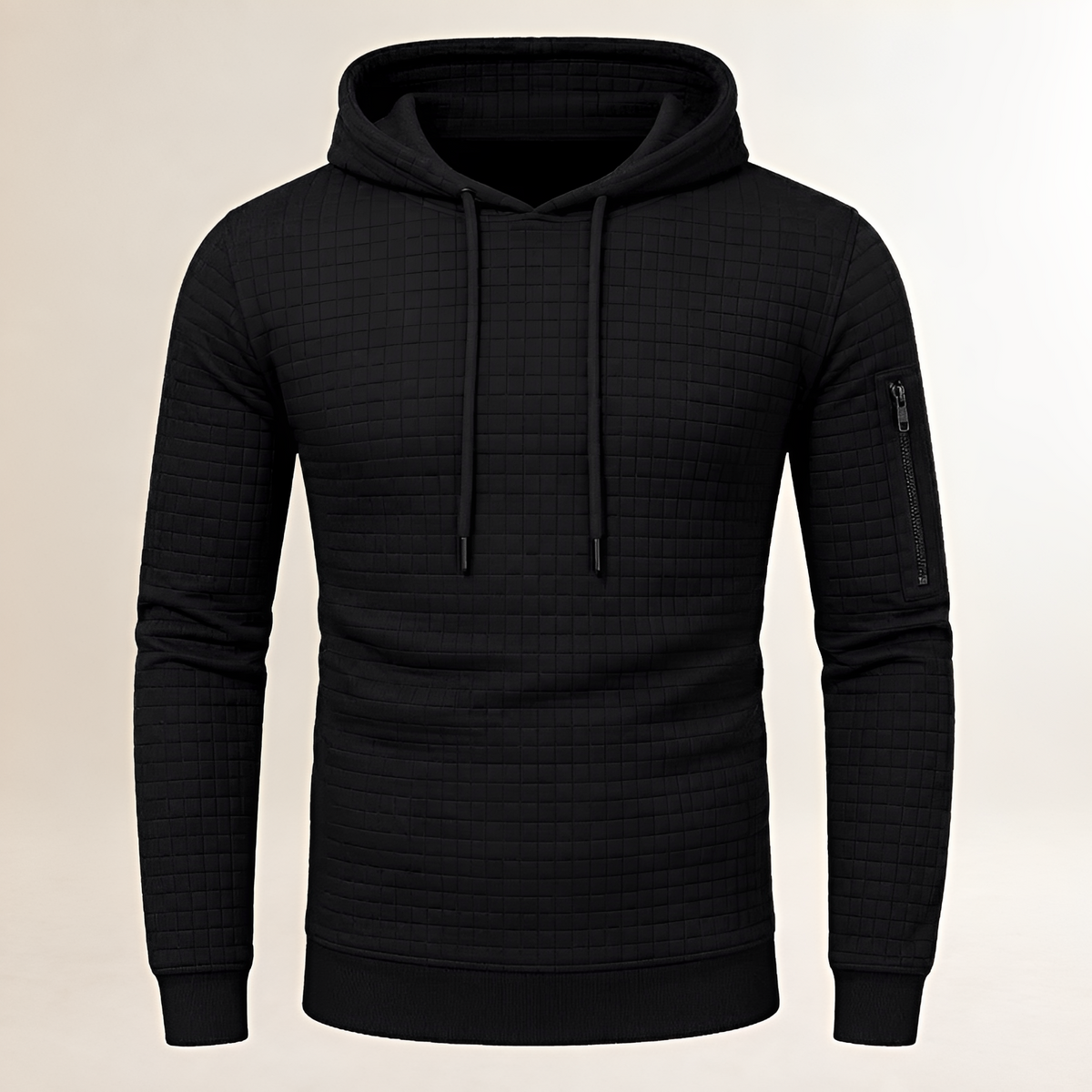Herren Hoodie Slim-Fit mit Quadrat-Steppung – Kapuze mit Kordel, Ärmel-Reißverschlussfach, Kangarou-Tasche