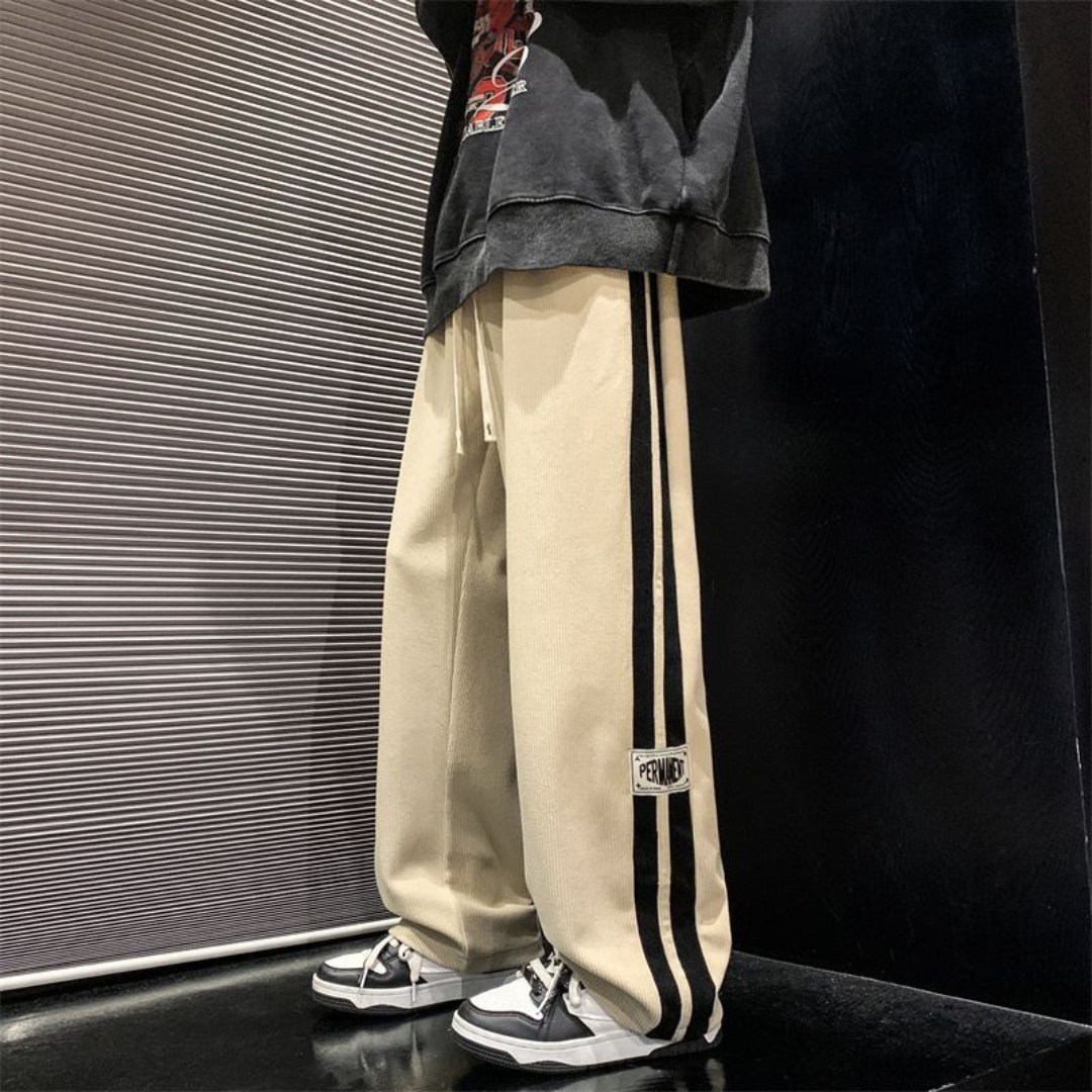 Herren Hosen mit Doppel-Seitenstreifen – elastischer Bund mit Kordelzug, weite Passform