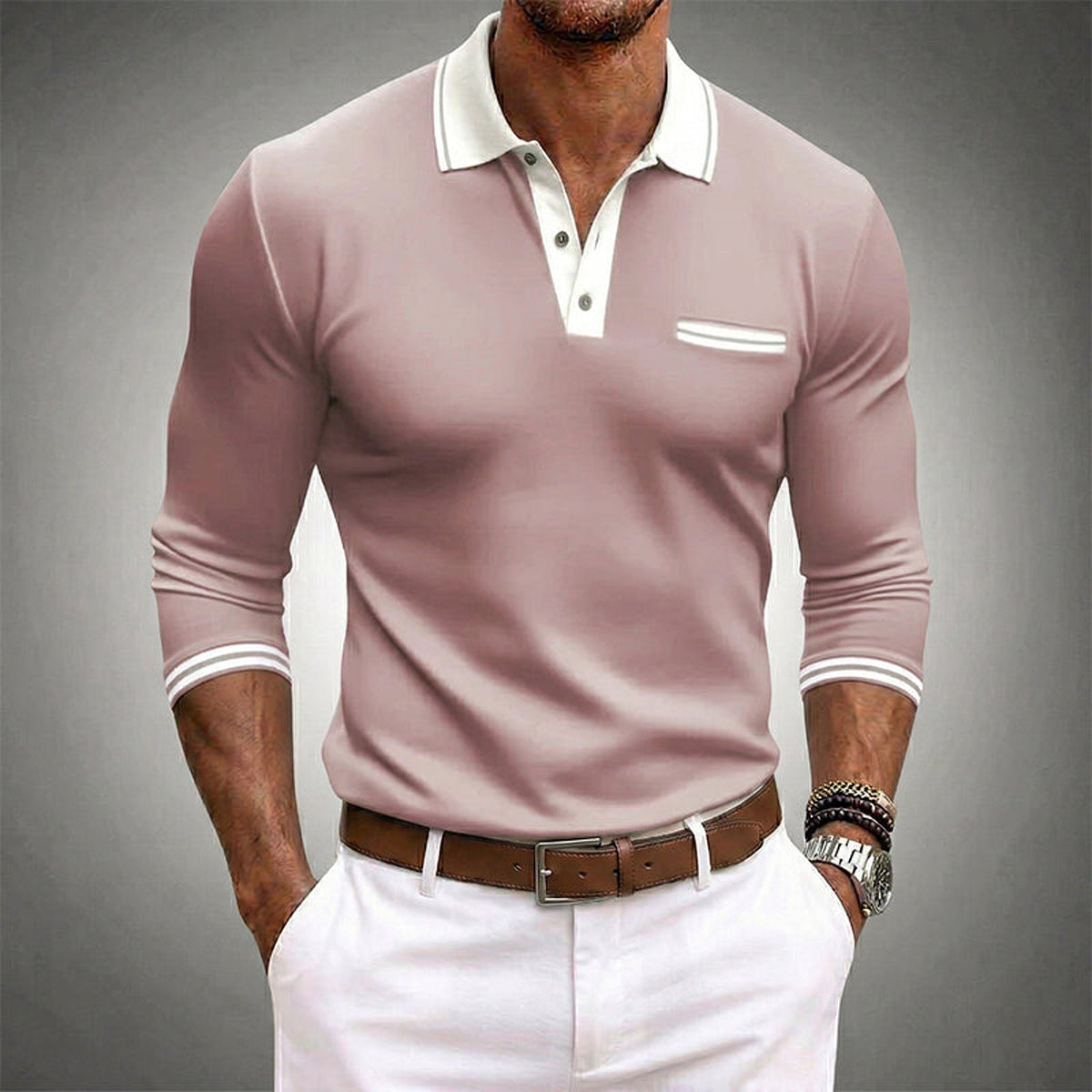 Herren Langarm Polo mit Kontrastdetails und Brusttasche