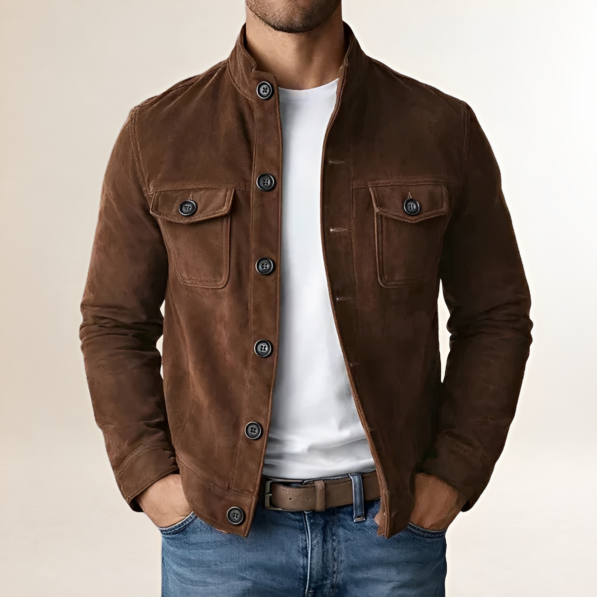Herren Militärjacke mit Stehkragen, Frontknopfleiste und Brusttaschen mit Klappen - taillierter Schnitt, Hiplänge