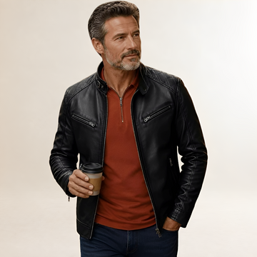 Herren Moto-Jacke Zip-Front Biker-Style mit Stehkragen, Schnappverschluss und Brusttaschen