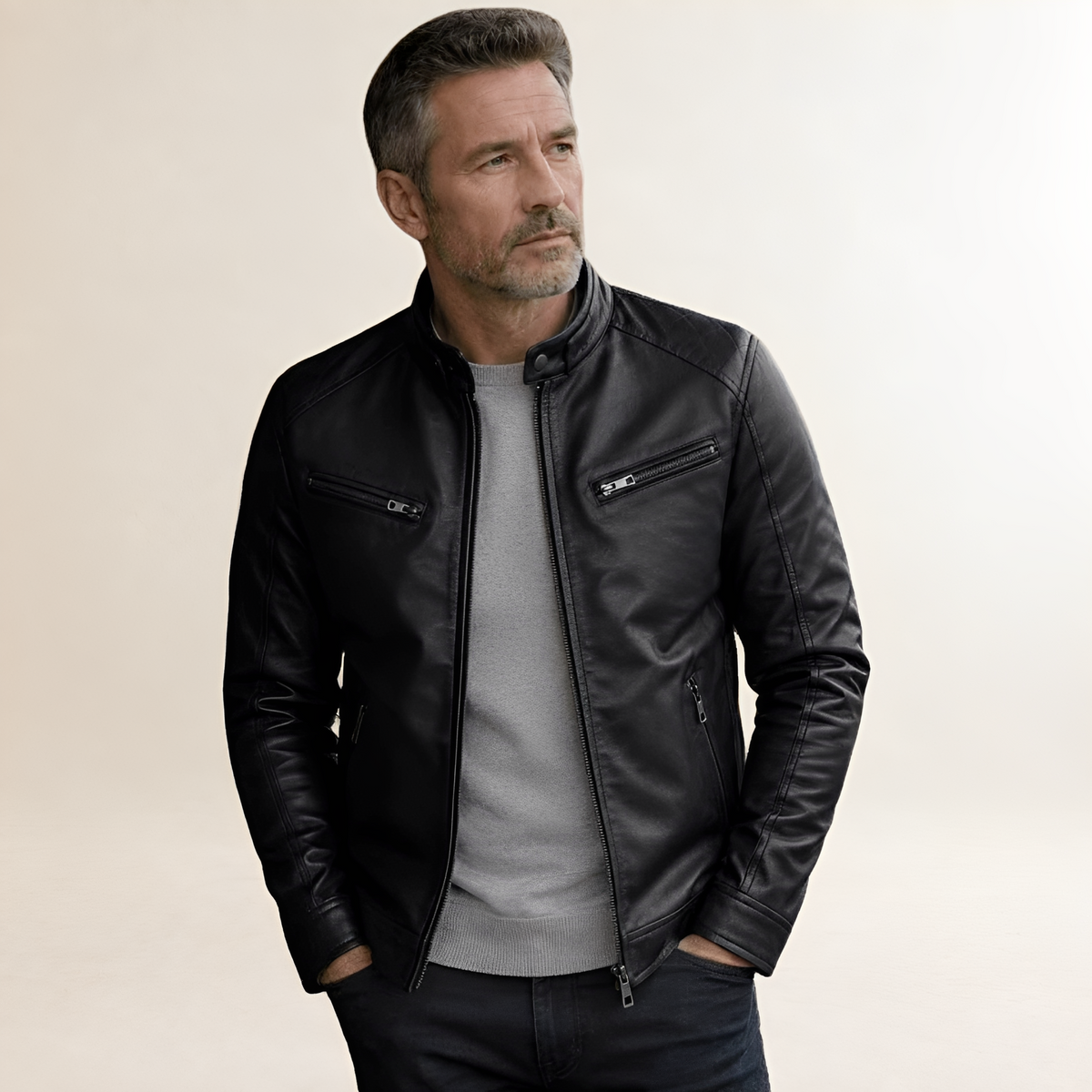 Herren Moto-Jacke Zip-Front Biker-Style mit Stehkragen, Schnappverschluss und Brusttaschen