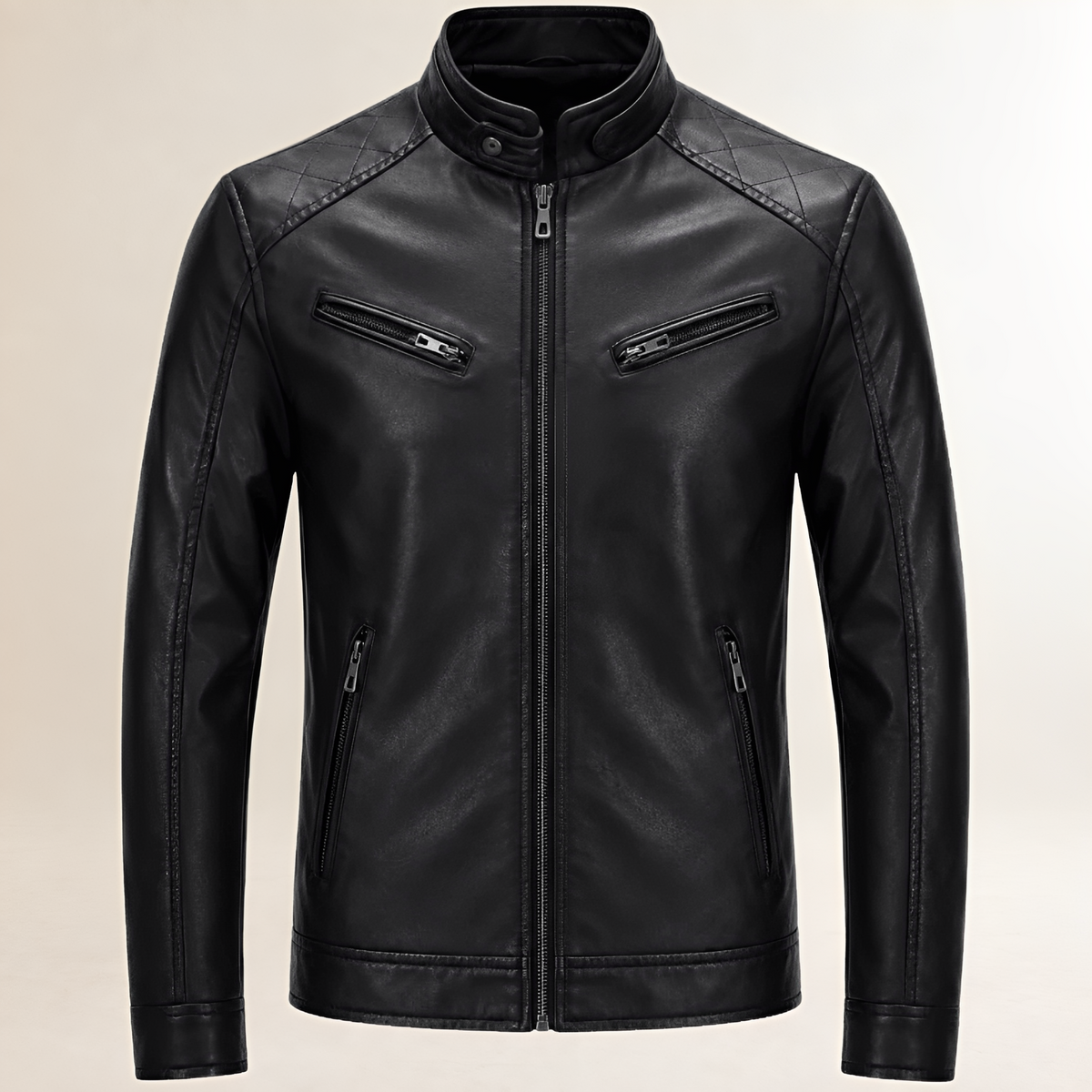 Herren Moto-Jacke Zip-Front Biker-Style mit Stehkragen, Schnappverschluss und Brusttaschen