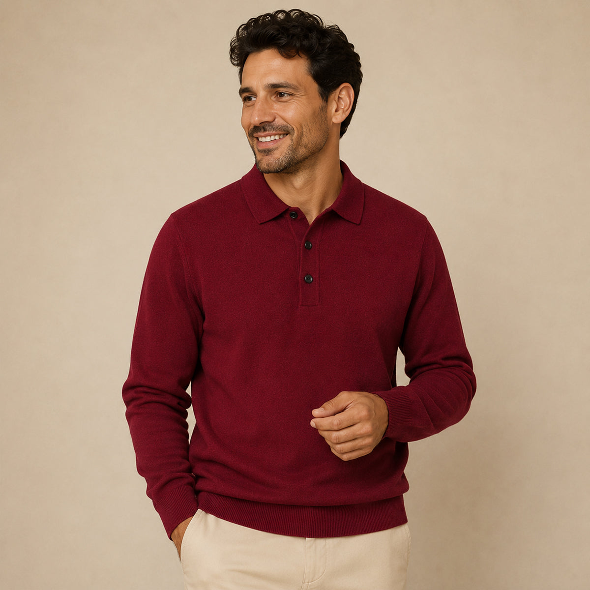 Herren Polo Pullover - Klassischer Kragen, Langarm, Slim Fit