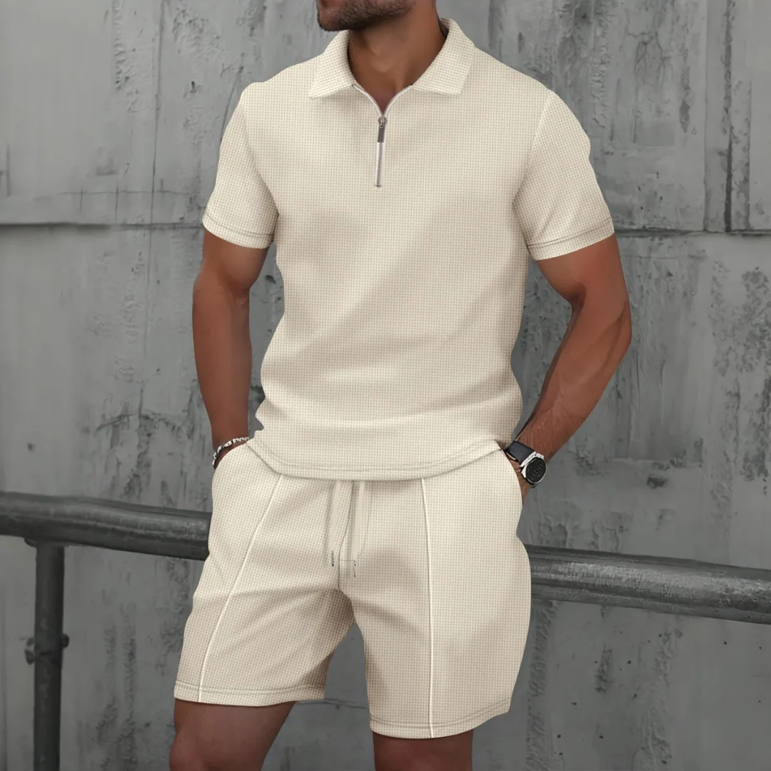 Herren Polo-Shirt mit Reißverschluss Kurzarm Waffelpiqué