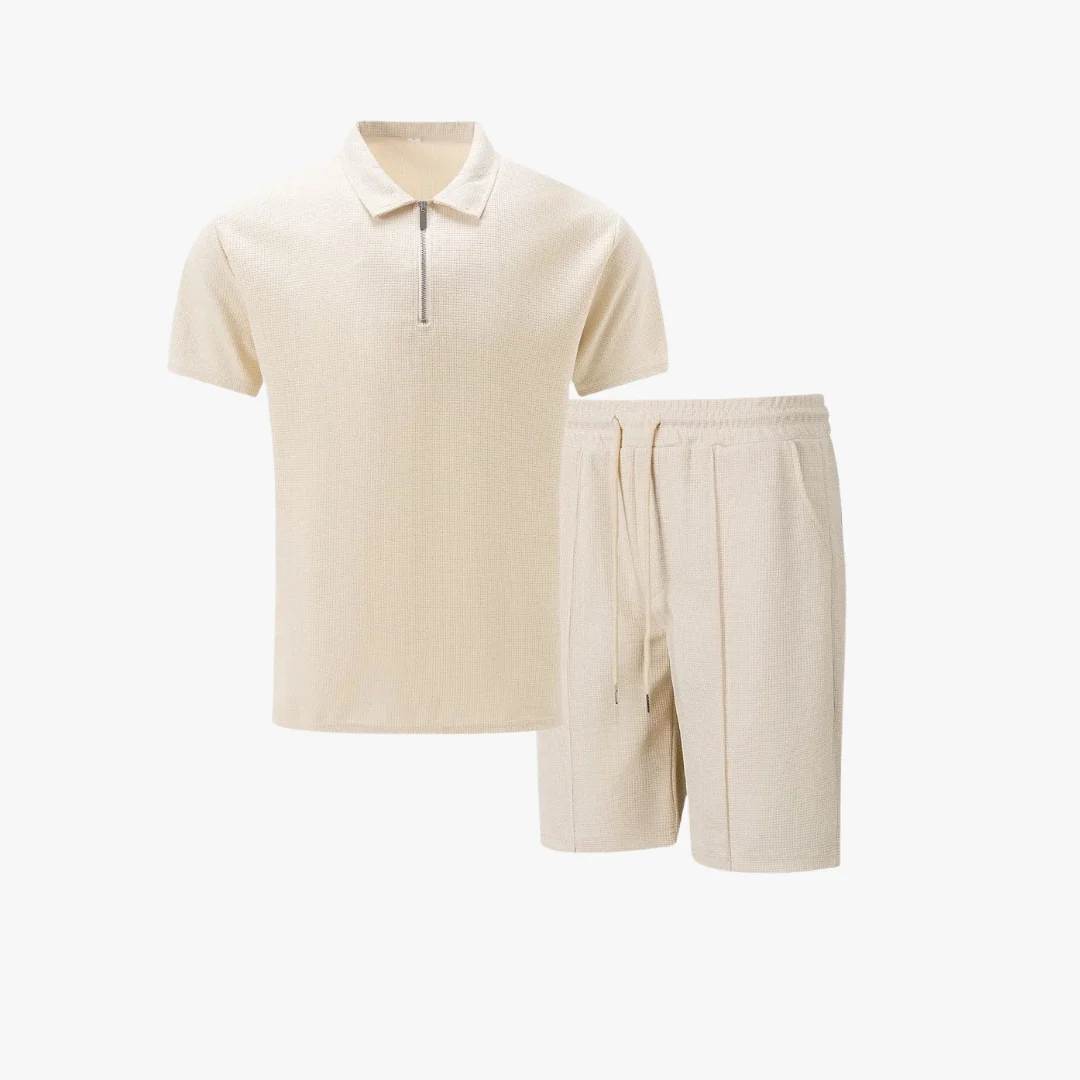 Herren Polo-Shirt mit Reißverschluss Kurzarm Waffelpiqué
