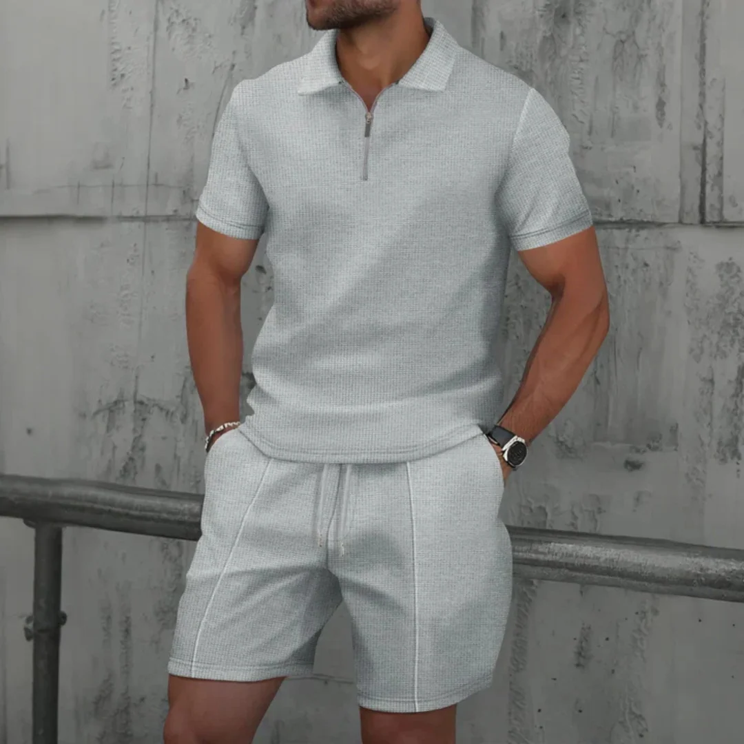 Herren Polo-Shirt mit Reißverschluss Kurzarm Waffelpiqué