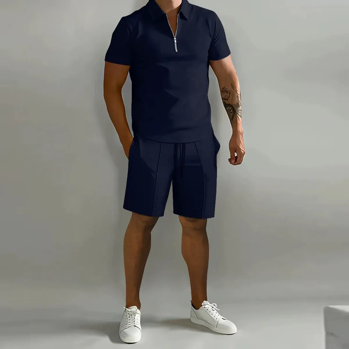 Herren Polo-Shirt mit Reißverschluss Kurzarm Waffelpiqué