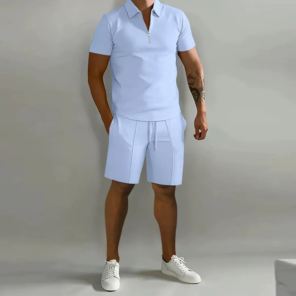 Herren Polo-Shirt mit Reißverschluss Kurzarm Waffelpiqué