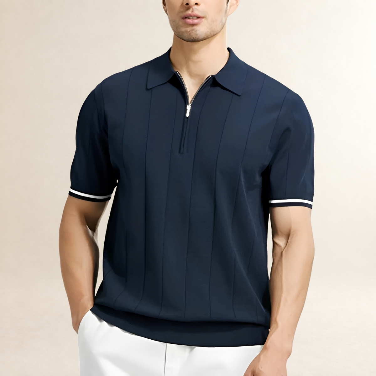 Herren Poloshirt Kurzarm mit Reißverschluss und vertikalen Streifen - Slim Fit