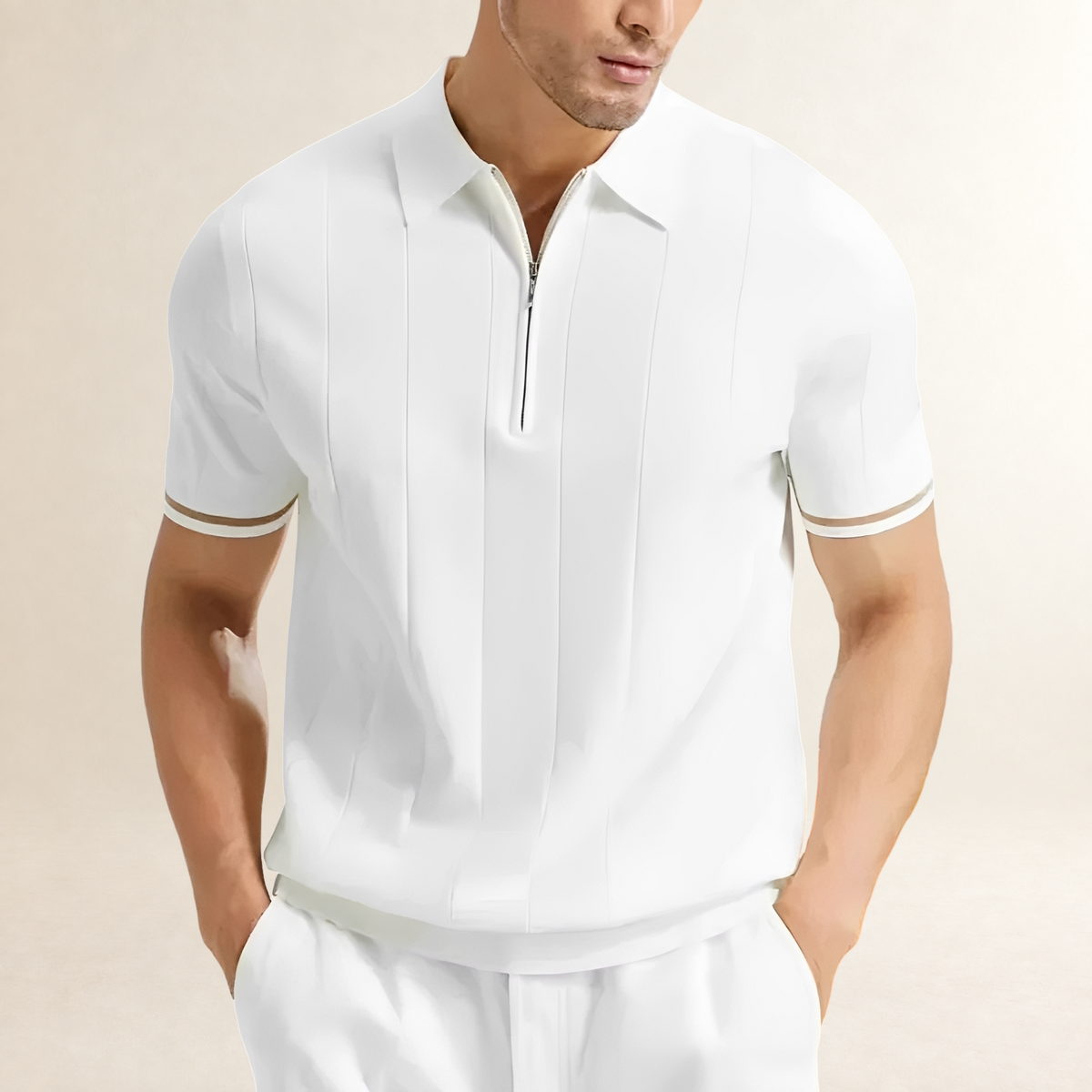 Herren Poloshirt Kurzarm mit Reißverschluss und vertikalen Streifen - Slim Fit