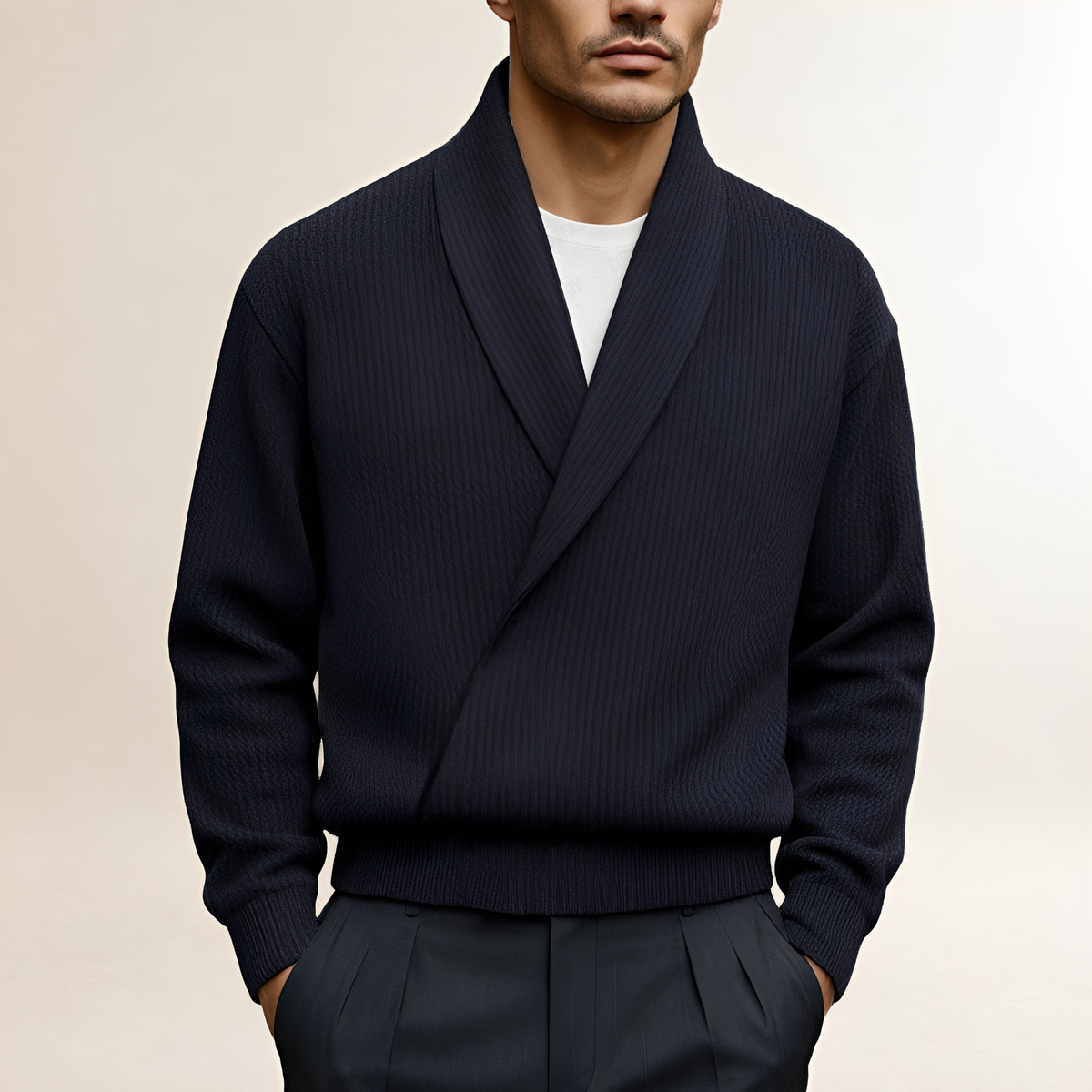Herren Pullover mit Schalkragen, Wickeldesign und langärmlig