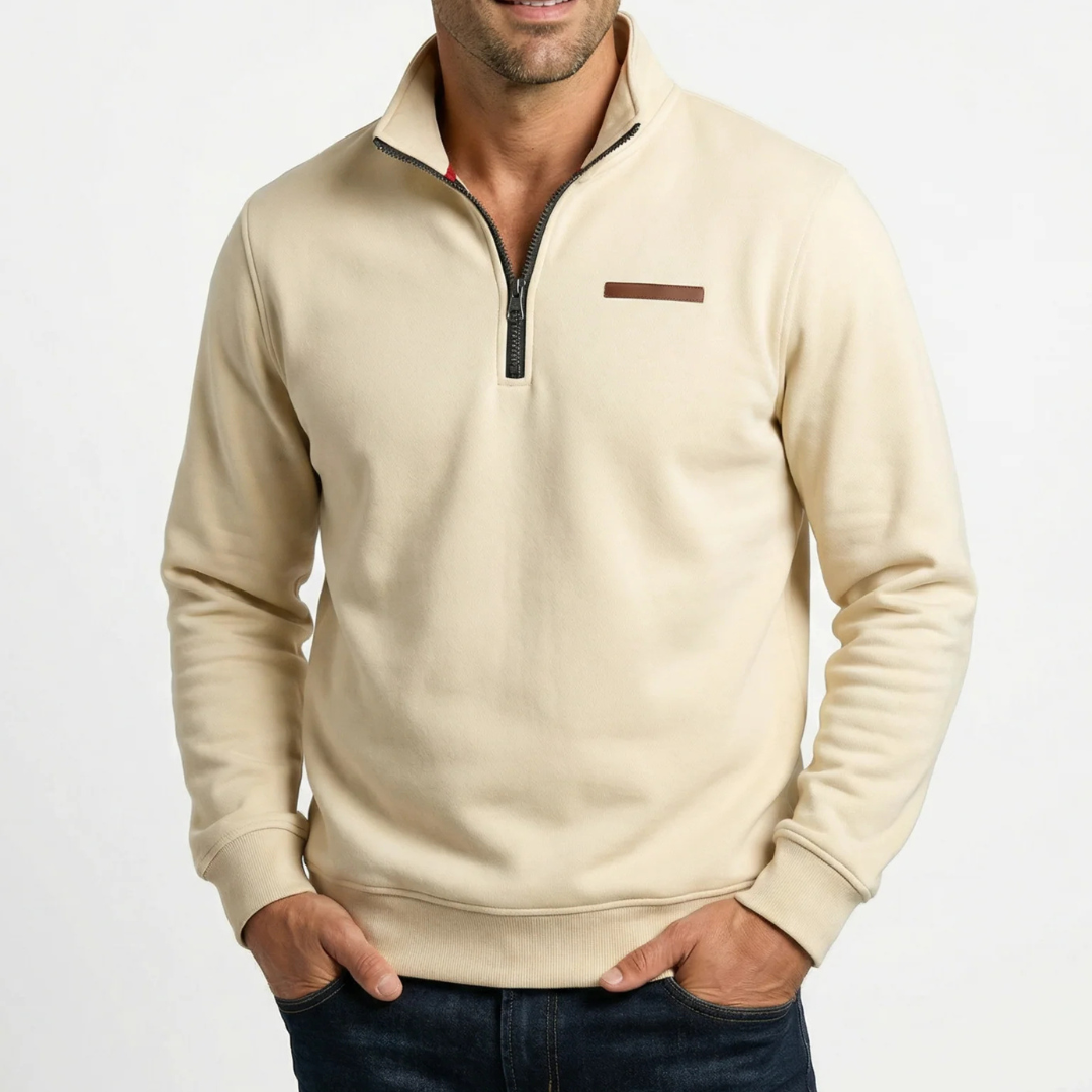 Herren Pullover mit Stehkragen – Halbreißverschluss, entspannter Schnitt, Brust-Patch