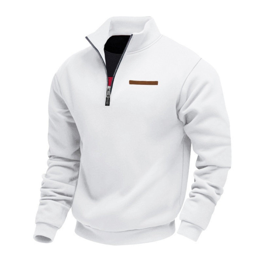 Herren Pullover mit Stehkragen – Halbreißverschluss, entspannter Schnitt, Brust-Patch